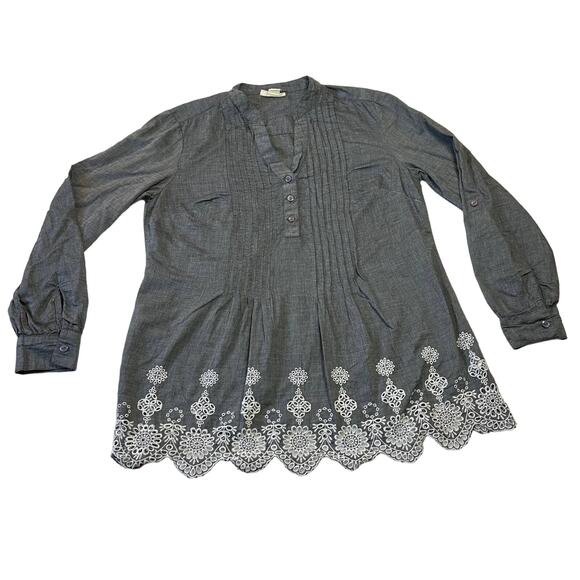 Style & Co. Quarter Button Up Chambray Tunic Top Size S Lightweight Lace Boho - Picture 1 of 11